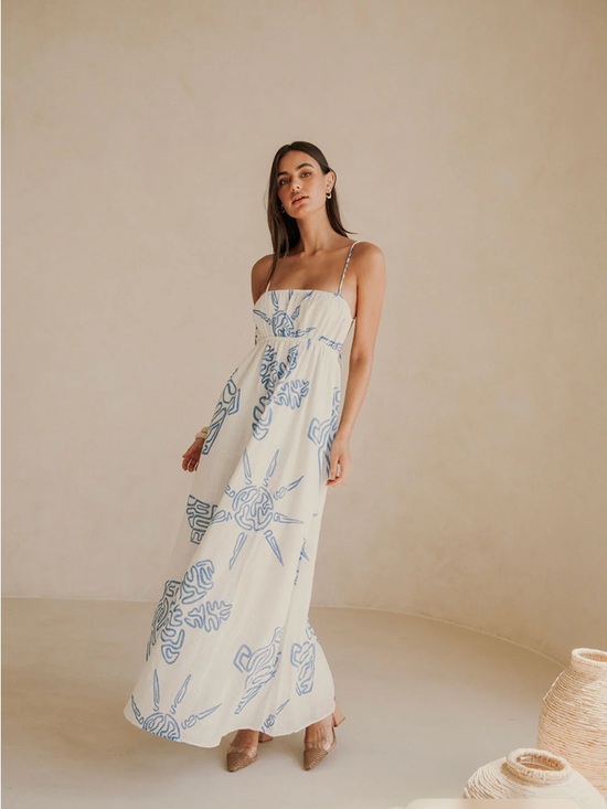 Sabo Skirt Dresses & Skirts - Sabo Skirt Cream Maxi Dress with Blue Print